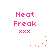 Pixelated pink text 'Neat Freak' above three pink X's, with orange pixel clusters shifting across the background in a sequence.