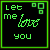 Two side-by-side animated frames of a pixel art buddy icon with green text and symbols on black background, showing the word 'love' changing from green to white.