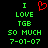 Green pixelated text on black background reads 'I LOVE TGB SO MUCH 7-01-07' with red heart symbol above 'LOVE'.