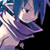 Pixelated static image of a character with blue hair and purple clothing against a dark background, likely from an anime or video game series.