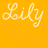 Yellow background with two identical white cursive 'Lily' text elements and a single white heart symbol.