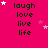 A static image with a bright pink background displays four of text reading 'laugh', 'love', 'live', 'life' in dark green, surrounded by scattered white and light pink stars