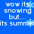 Blue background with white pixelated text reading "wow its snowing but..." and "its summeits summer" alongside light blue snowflakes.