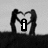 Black-and-white pixelated image of two figures forming a heart shape with arms, overlaid with text reading "i love brian 50000 much!" in blocky font.