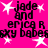 A bright pink background features repeated white stars and black text reading "jade and erica R sexy babe" in a pixelated font, with no visible animation changes across observations.