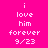 A bright pink background displays white pixelated text reading "i love him forever 9/23" in two identical vertical