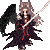 Pixel art character with long gray hair, black wings, and a dark red-and-black robe holding a silver sword against a light gray background.