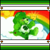 Green Care Bear with shamrock chest emblem sits on clouds, rainbow and sun in background; animation cycles between two states.