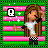Pixel art of a girl with long brown hair in white crop top and black checkered pants against pink-green striped background, showing three variations of the Q symbol.
