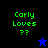 Green pixelated text 'Carly Loves ??' on black and blue backgrounds with a blue star icon on black and a black star icon on blue.