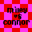 Pixelated text 'miley of connor' with heart symbol on red and pink checkered background, transitioning between two distinct patterned backgrounds.