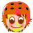 Pixelated character with orange helmet and brown hair, showing two expressions: open eyes smiling on left, closed eyes smiling on right.