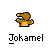 Pixelated icon of a brown cartoon character with outstretched arms and a yellow torso, positioned above stylized text reading "Jokamel" on a gray background.