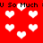 Red background with white pixelated hearts and repeated black text "U So Much" in a pattern