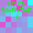 Pixelated green text 'SOCK MoNsTeR' with a green parenthesis on a checkered background of pink, purple, and cyan squares.