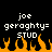 Pixelated text and orange flames on a black background, with 'joe', 'geraghty=', and 'STUD' repeated twice.