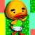 Pixelated yellow duck-like character with blue eyebrows, red beak, and green shirt stands against green background with colored side panels.