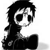 Pixelated black-and-white character with spiky hair, large eyes, and a wide mouth, wearing a dark outfit with a light collar, positioned against a plain background.