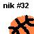 Pixelated icon with 'nik #32' text above an orange and black abstract shape on a white background.