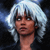 Pixelated close-up of a person with light blue hair against a dark background, showing facial features and neck.