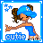 Pixel art contact sheet of six animated frames showing a cartoon girl in blue outfit with pigtails and cap, each frame displaying different arm poses against white background with blue border and "cutie" text.