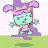 Animated contact sheet of a cartoon character with mint-green skin, purple pigtails, and pink headband performing walking animation across 13 frames on green grass background.