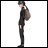 Pixelated character in black outfit with brown backpack stands against white background, next to black with white text