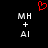 Red pixelated heart symbol above two identical white text blocks on black background, each reading MH + AI.