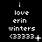 Pixelated text displays 'i love erin winters <3333' with varying punctuation and symbols across three on a black background