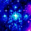 Pixelated nebula scene with blue and purple hues, featuring multiple star-like points of light scattered across a dark background.