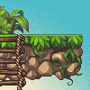 Pixel art scene showing a stone wall with green vines, wooden ladder, and leafy plant against light blue background.