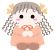 Pixelated cartoon girl with gray hair, yellow star clips, pink cheeks, and orange dress with white collar; two expressions show open eyes and closed eyes.