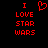 Red pixelated text and heart symbol on black background, with 'I LOVE STAR WARS' text in two vertical