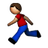Pixelated 2D cartoon character in mid-stride walking pose wearing red sleeveless shirt and blue pants with black shoes on gray background.