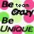 Pixelated text elements in black and white with pink and green circular backgrounds on a white base.