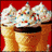 Pixelated image of three ice cream cones with whipped cream and sprinkles against a red background.