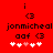 Red background with black text and symbols, including 'i', '3', 'jonmicheal', 'aaf', and a of white and pink hearts