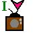 Green 'I' character, black TV with brown frame and gray screen, pink heart-shaped antenna on top.