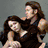 Animated sequence showing a woman with long brown hair in various poses: embracing a man, holding a teddy bear, and standing among purple flowers.