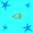 Blue star shapes of varying sizes on a cyan background with four orange '<3' symbols positioned around the center.