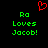 Red pixelated heart symbol above green text reading 'Ra Loves Jacob!' on black background.