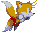 Pixelated fox character with yellow fur, white chest and tail tip, red scarf, brown accents, and purple shoes in three distinct poses against gray background.