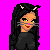 Pixel art of a cat-eared figure with long black hair, green eyes, and gray whiskers wearing all-black clothing against a bright pink background.