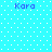 Pixelated blue background with white dots and four instances of the text 'Kara' in purple pixel font arranged in a pattern