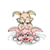 Animated character with light brown fur, green eyes, and curved horns sits atop a pink flower-like base with red center, showing head movement and mouth expression changes.
