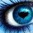 A pixelated blue eye with a heart-shaped pupil on a light blue background, accompanied by text elements.
