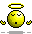 Pixelated yellow sphere with closed eyes, black mouth, and golden halo; four variations show sequential mouth opening from closed to wide.