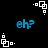 Pixelated blue text 'eh?' on black background with white square-dot patterns in corners and center.