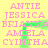 Yellow background with pink text listing names in a , overlaid by green pixelated shapes forming an incomplete frame