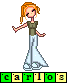 Pixel art avatar of a woman with orange hair in pigtails, wearing olive top and light blue pants, standing against gray background.